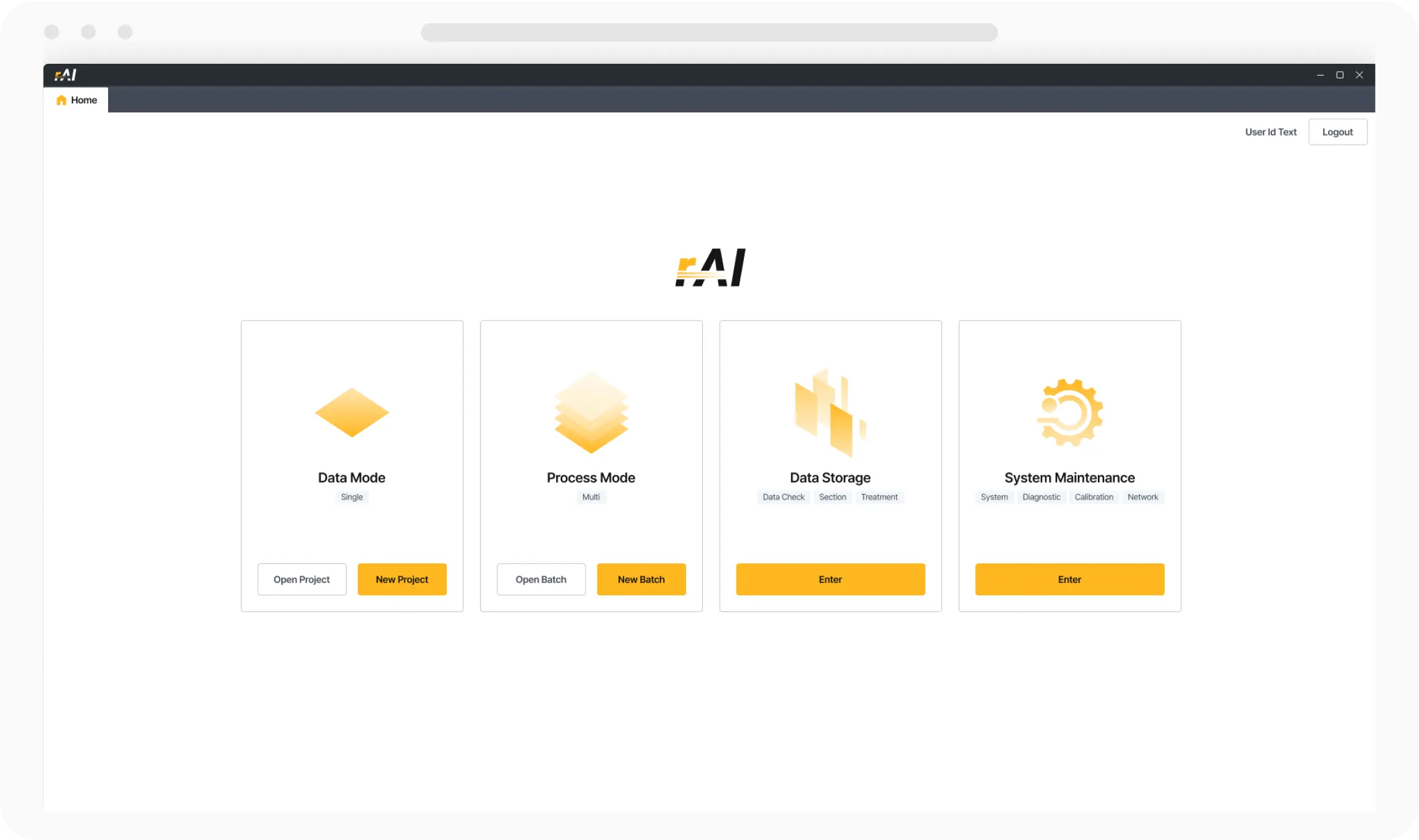 rAI-GO Data Mode, Process Mode, Data Storage와 System Maintenance 진입 화면